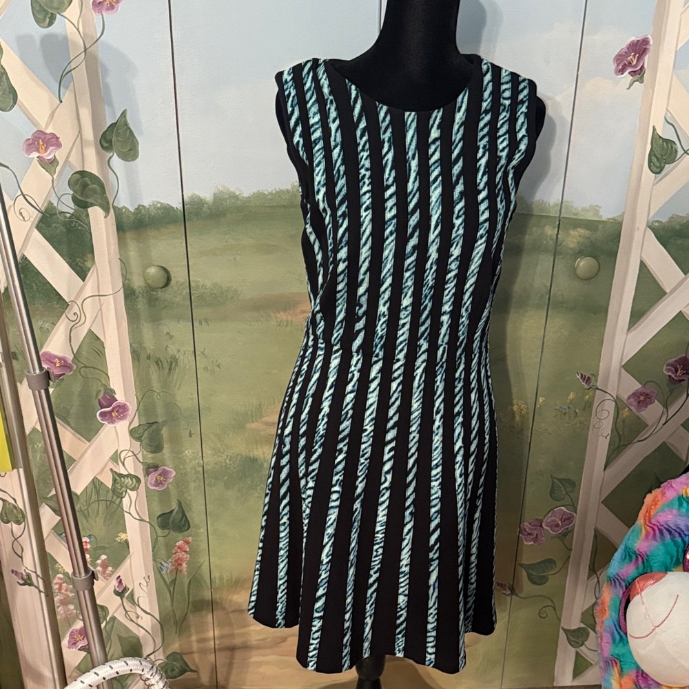 BCBGMaxAzria Black and Teal Striped Midi Dress